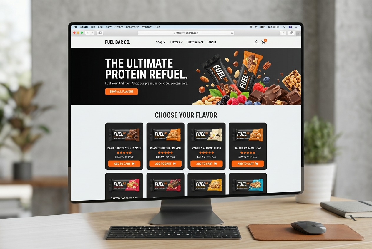 Finished AI-built website showing a range of protein bar products