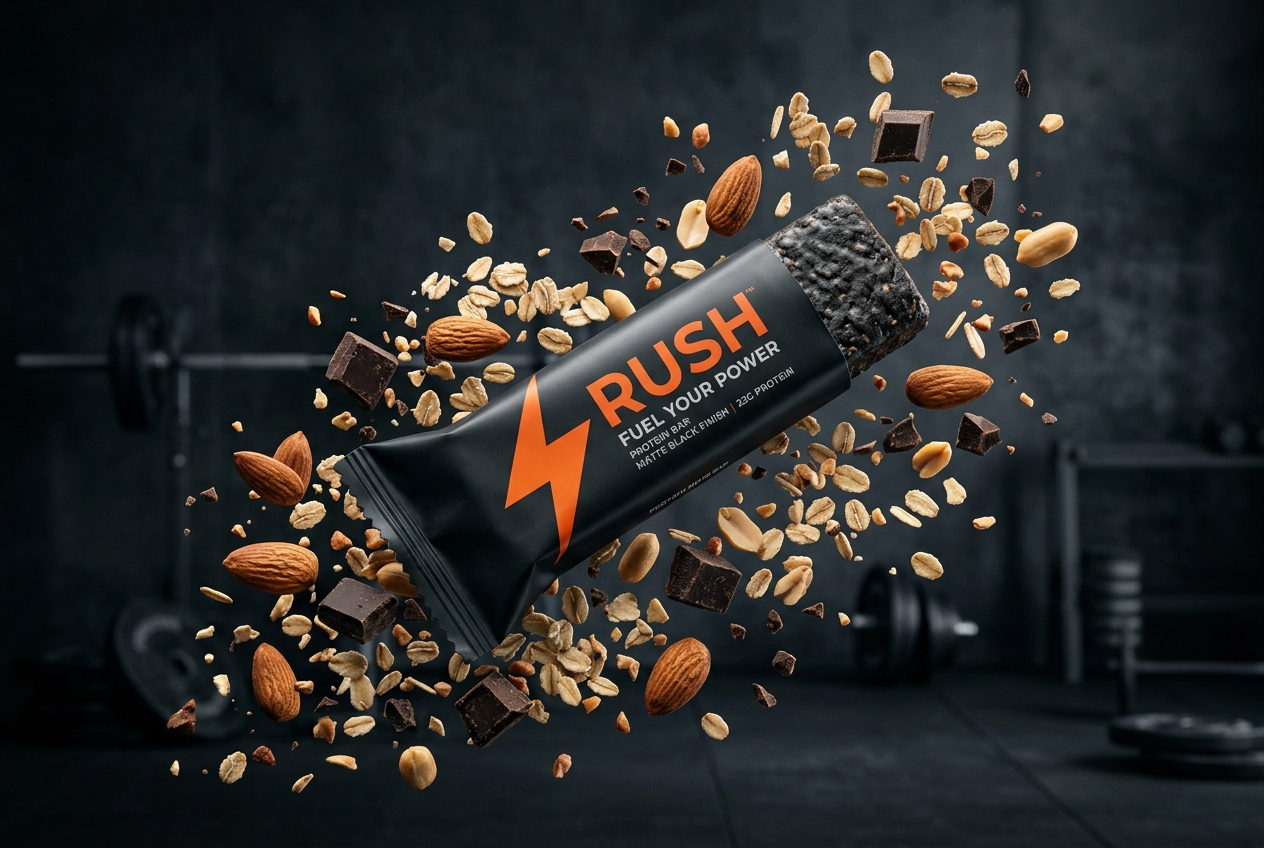 AI-generated protein bar product image with ingredients bursting around it