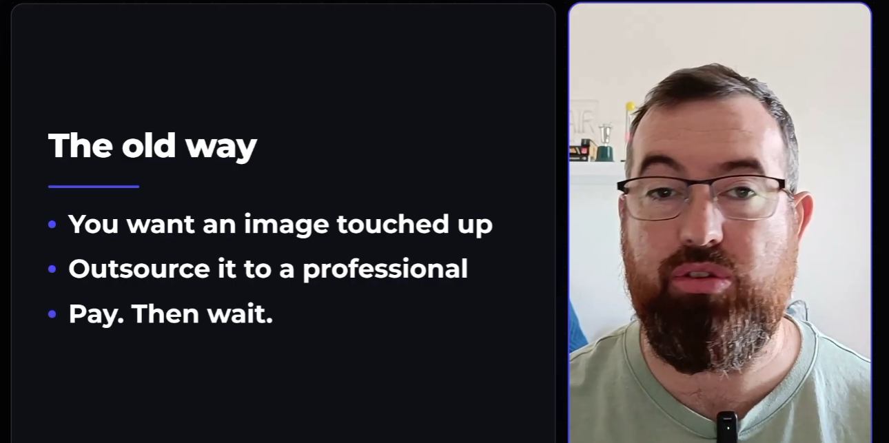 A frame from a finished AI edit, with a titled card on one side of the screen and the camera on the other