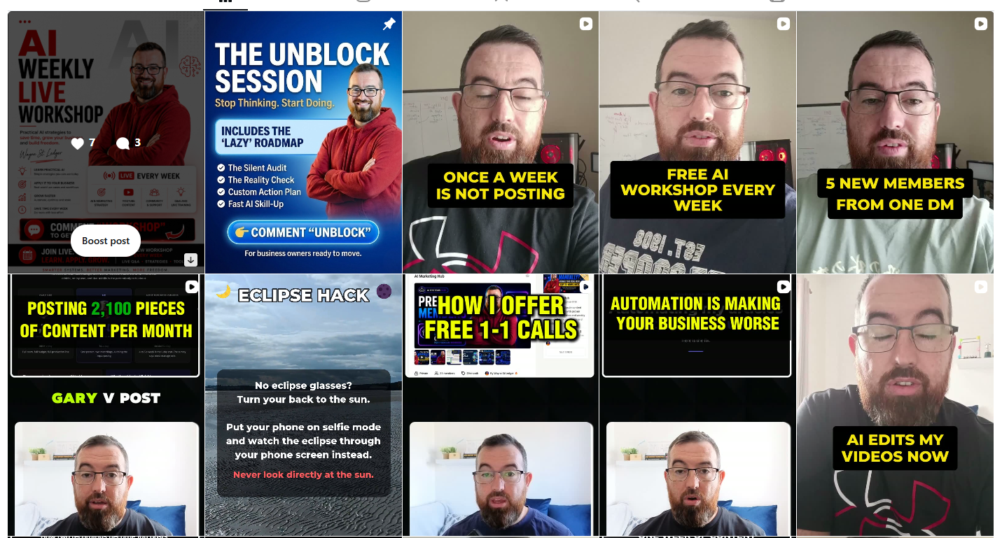 A real profile grid full of finished shorts, carousels and image posts produced by this process