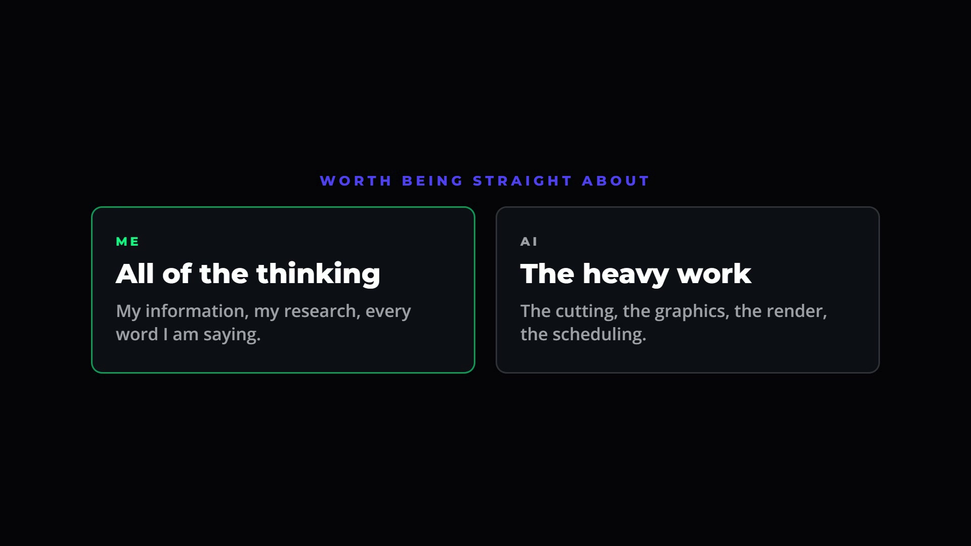 A two card comparison, one side reading all of the thinking is mine, the other side reading the heavy work goes to AI