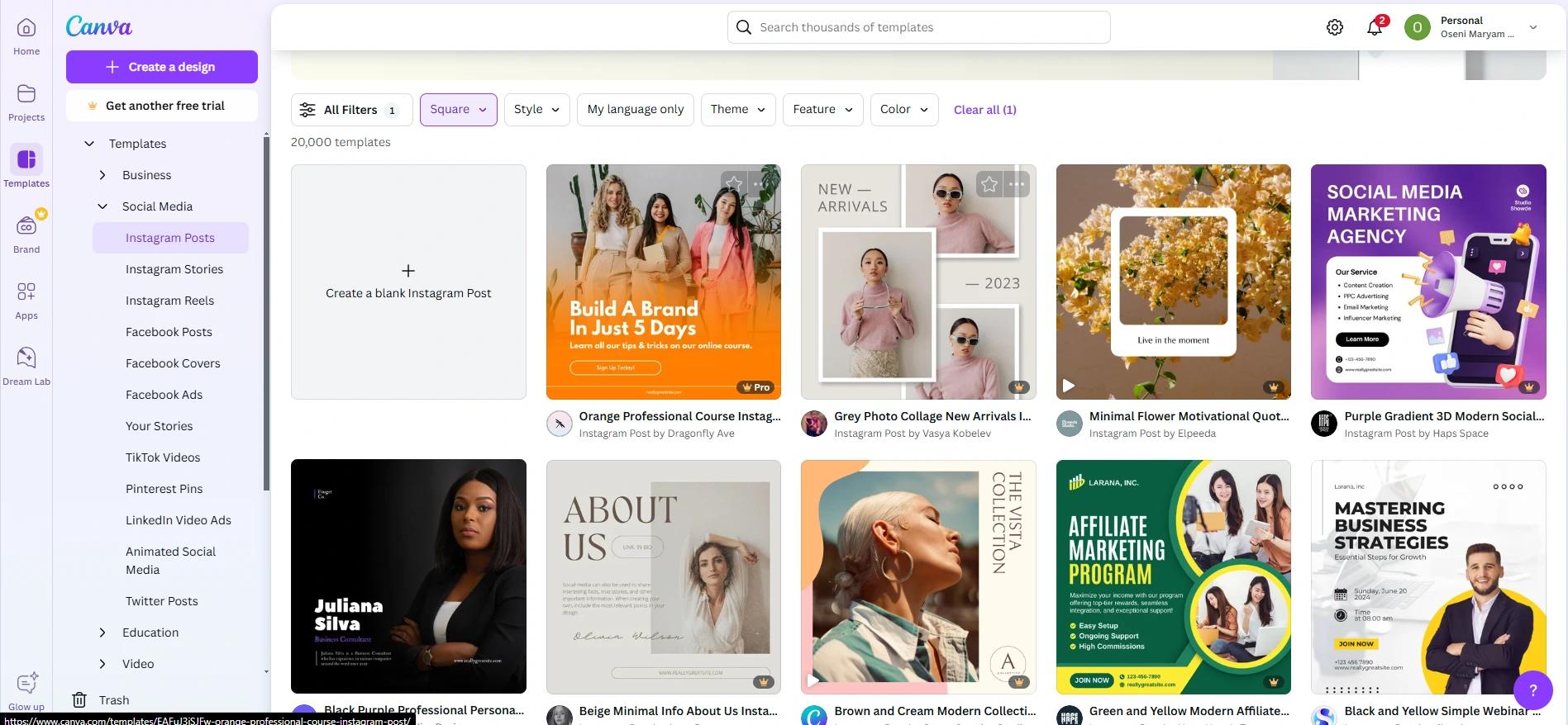 Canva's Instagram post template gallery showing dozens of ready-made designs