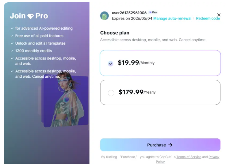 CapCut's own pricing page showing the Pro tier at $19.99 a month