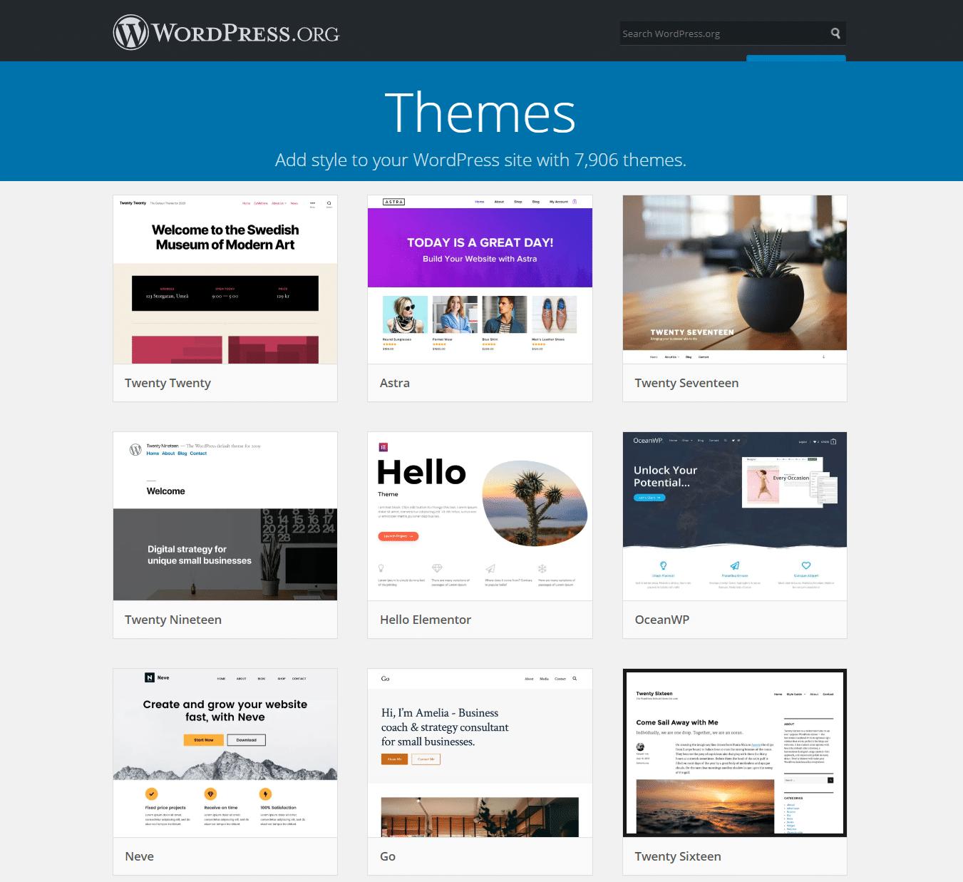 The WordPress.org theme directory showing a grid of nine free themes