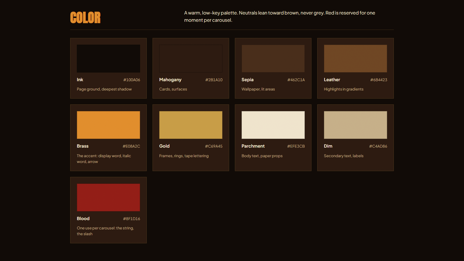 A colour palette page with nine named swatches and hex codes on a dark brown ground