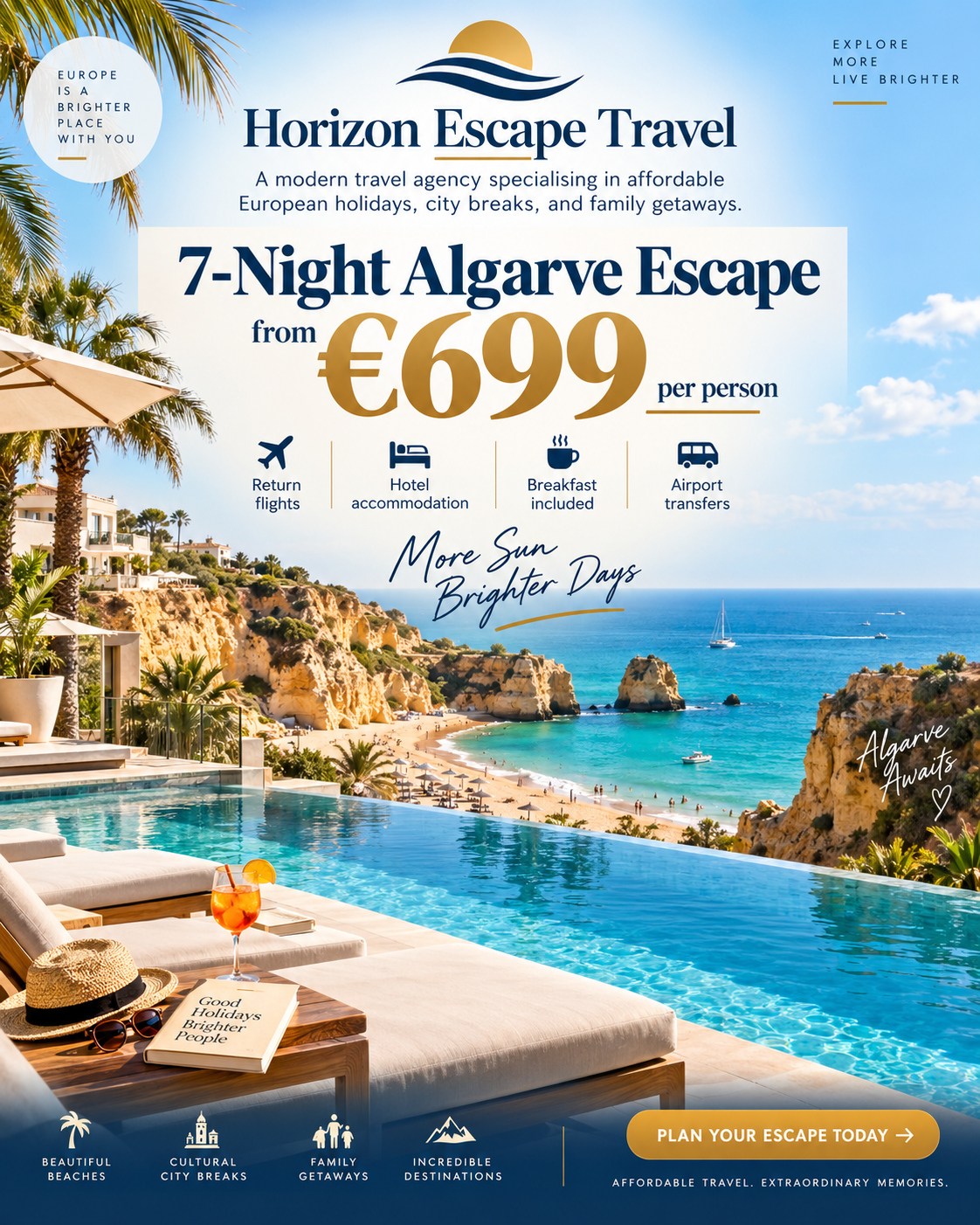 A cluttered AI-generated travel advertisement carrying a logo, a tagline, a price, four feature icons, a bottom feature strip and a call to action button all at once