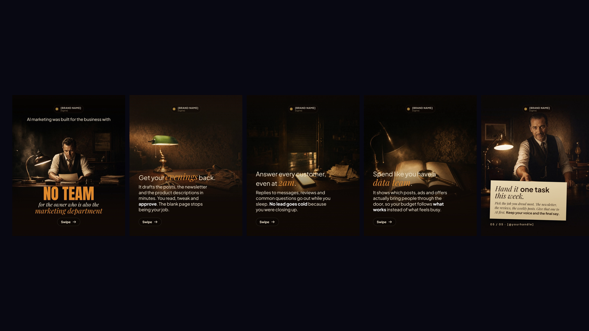 Five finished Instagram carousel slides in a dark cinematic style, standing in a row