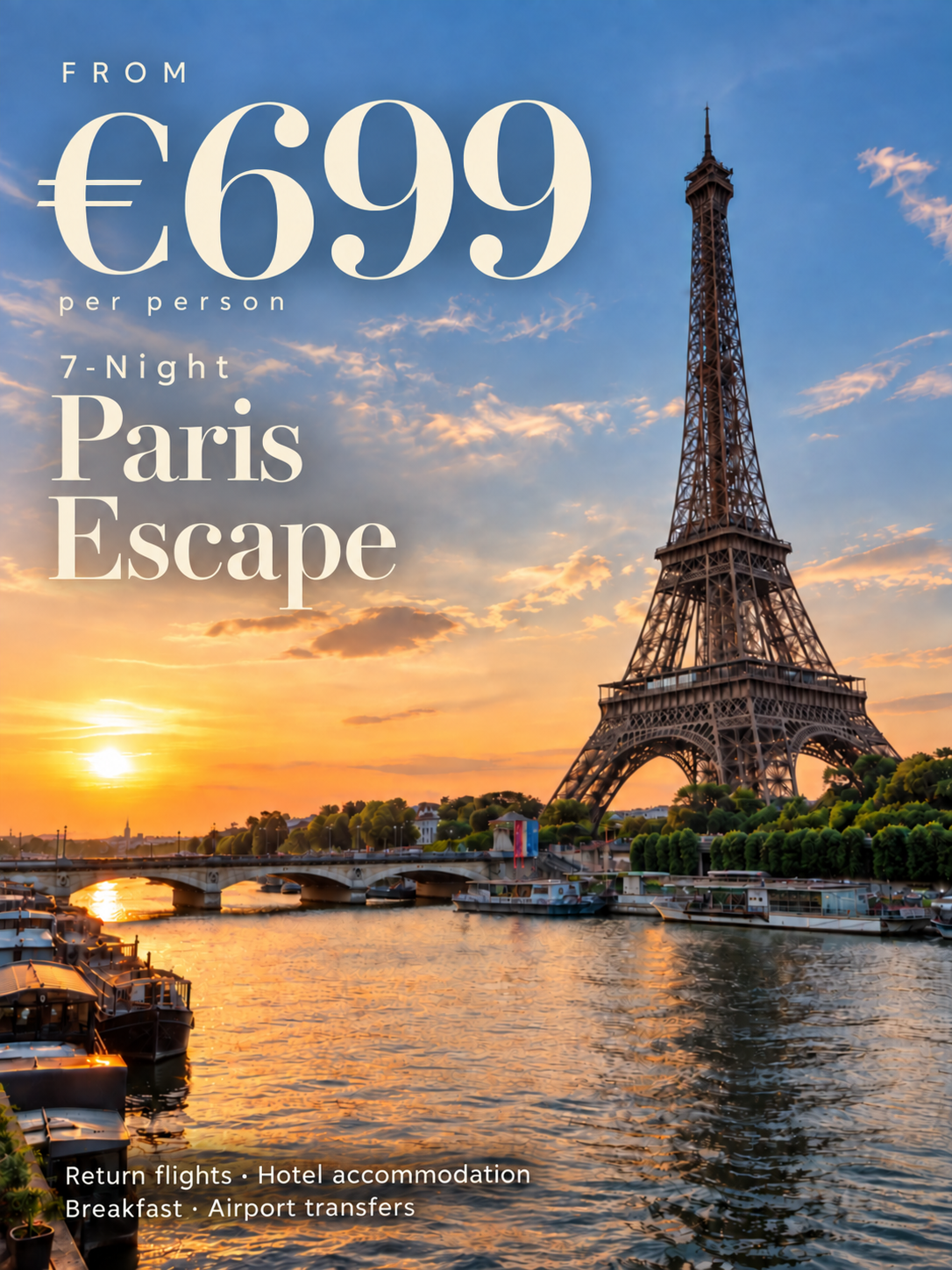 A clean editorial travel advertisement with the price as the dominant element, the destination beneath it, and the inclusions set small along the bottom