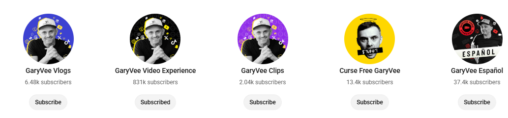 A row of five Gary Vee sub-channels, each with its own subscriber count, ranging from around two thousand to over eight hundred thousand