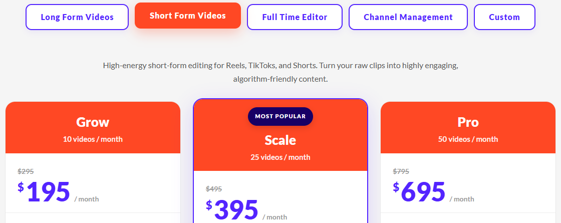 The published short-form pricing tiers on a productised video editing service