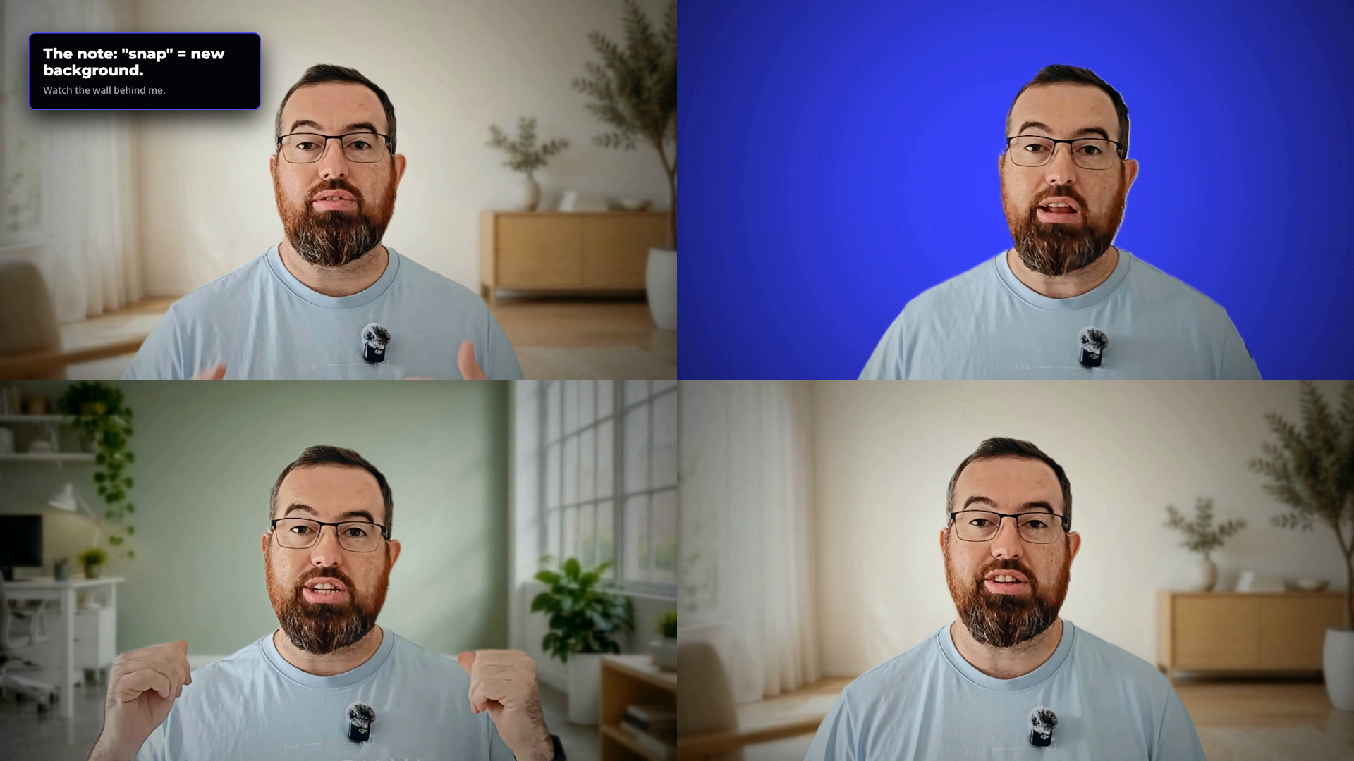 Four frames from the same video: a warm home office, a solid blue background, a sage green studio, and the home office again