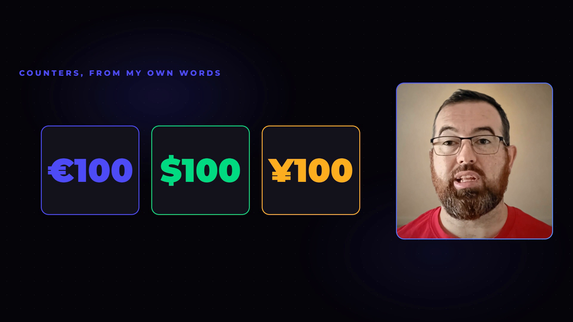 Three counters showing 100 euro, 100 dollars and 100 yen, each in a different colour