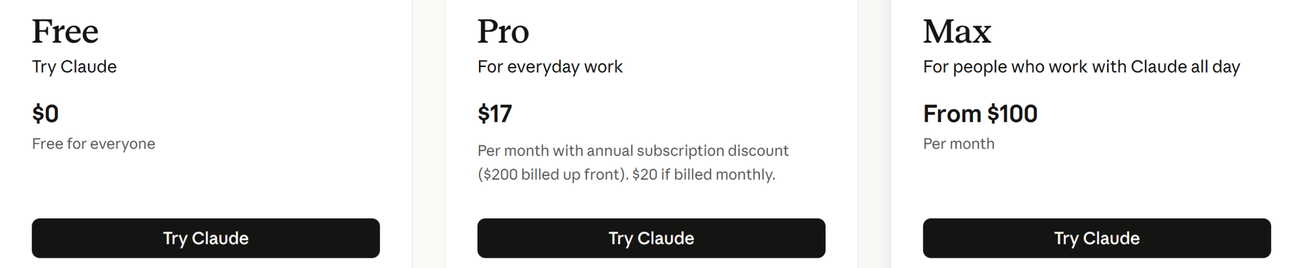 The Claude pricing page showing the Free, Pro and Max plans