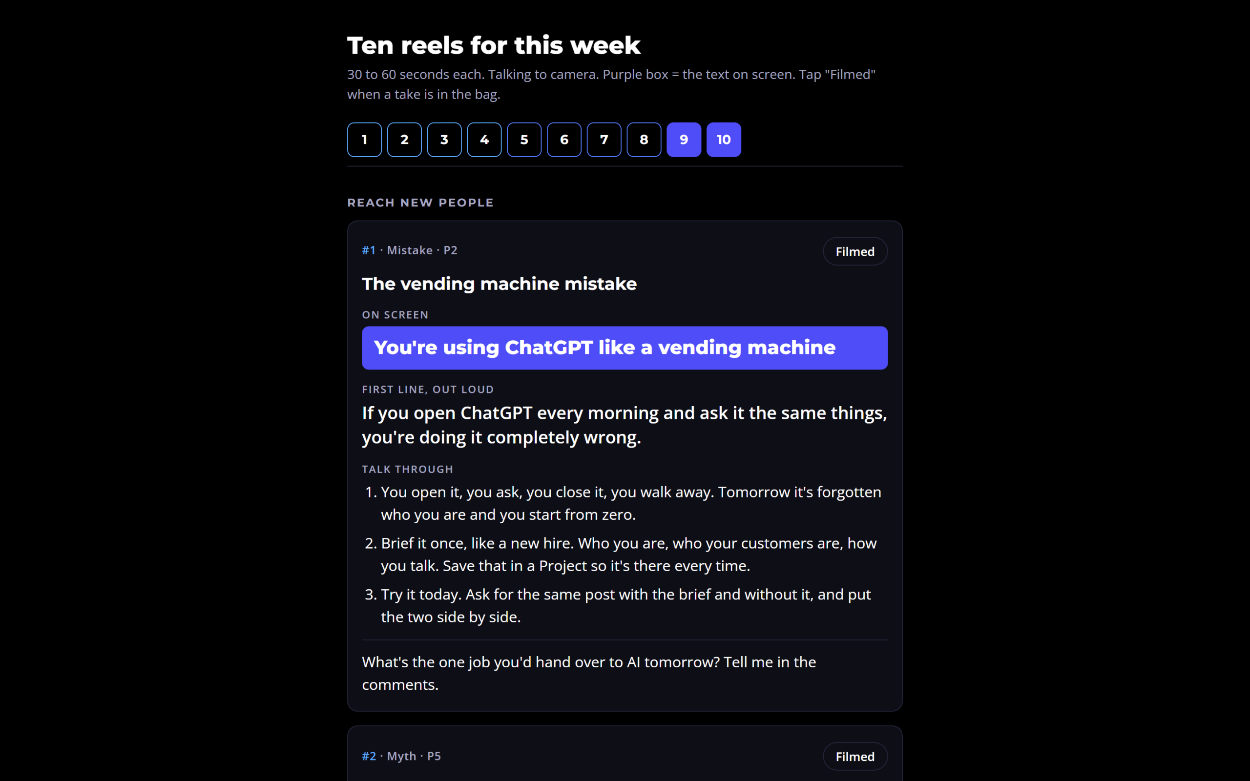 The weekly filming sheet used for batching content: ten reels, each with on-screen text, a first line and three talking points
