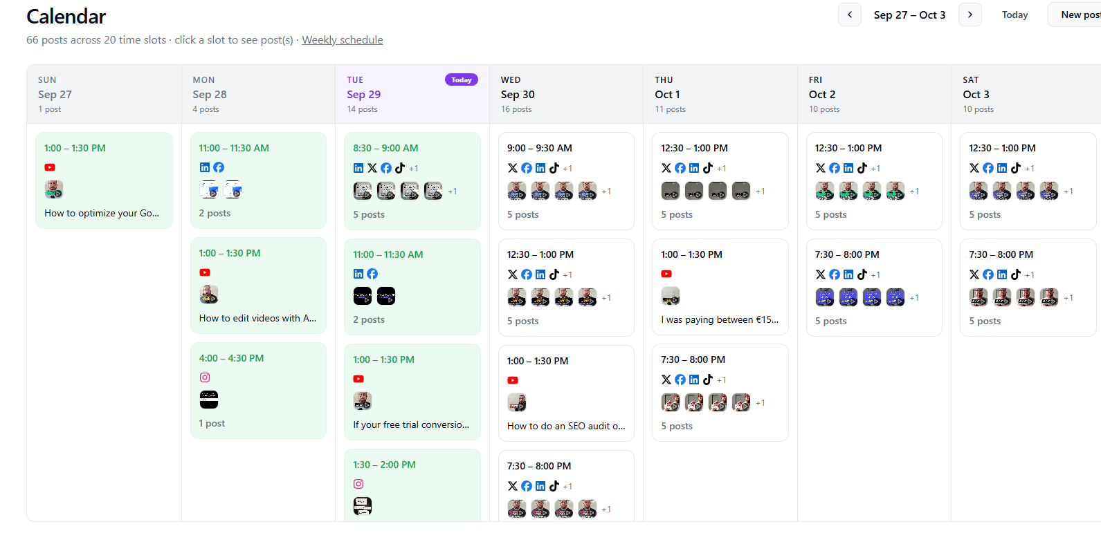 Blotato calendar for 27 September to 3 October 2026 showing 66 posts across 20 time slots from one batch of content