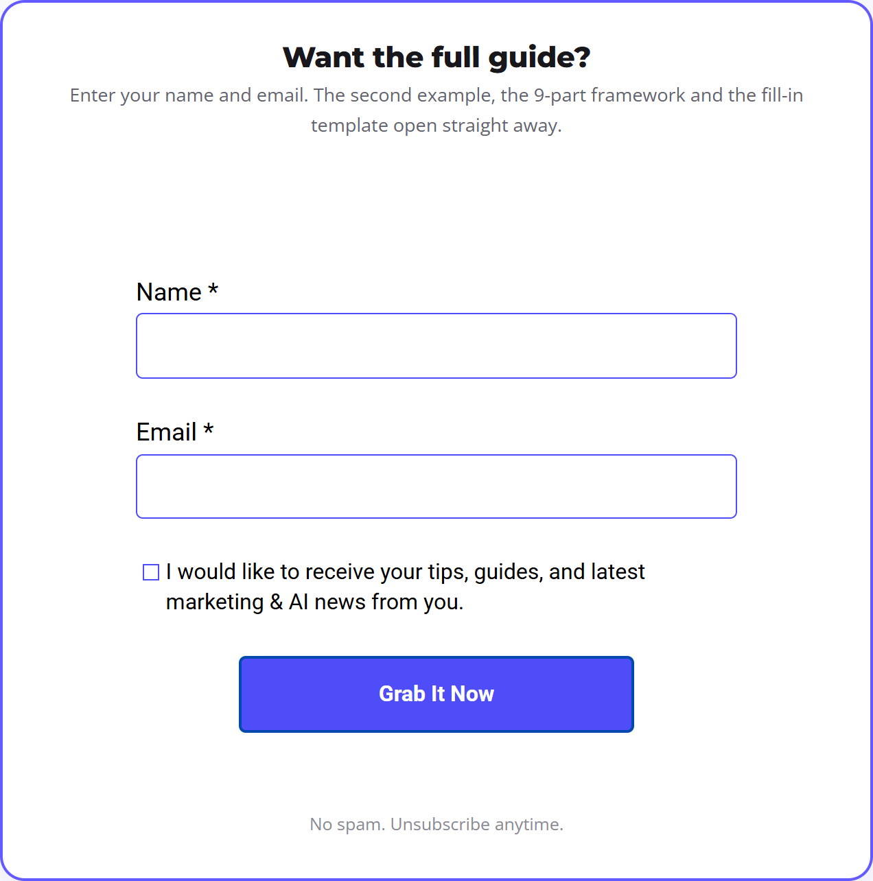 The email form on a guide page asking for a name and email, with a separate tick box for marketing emails