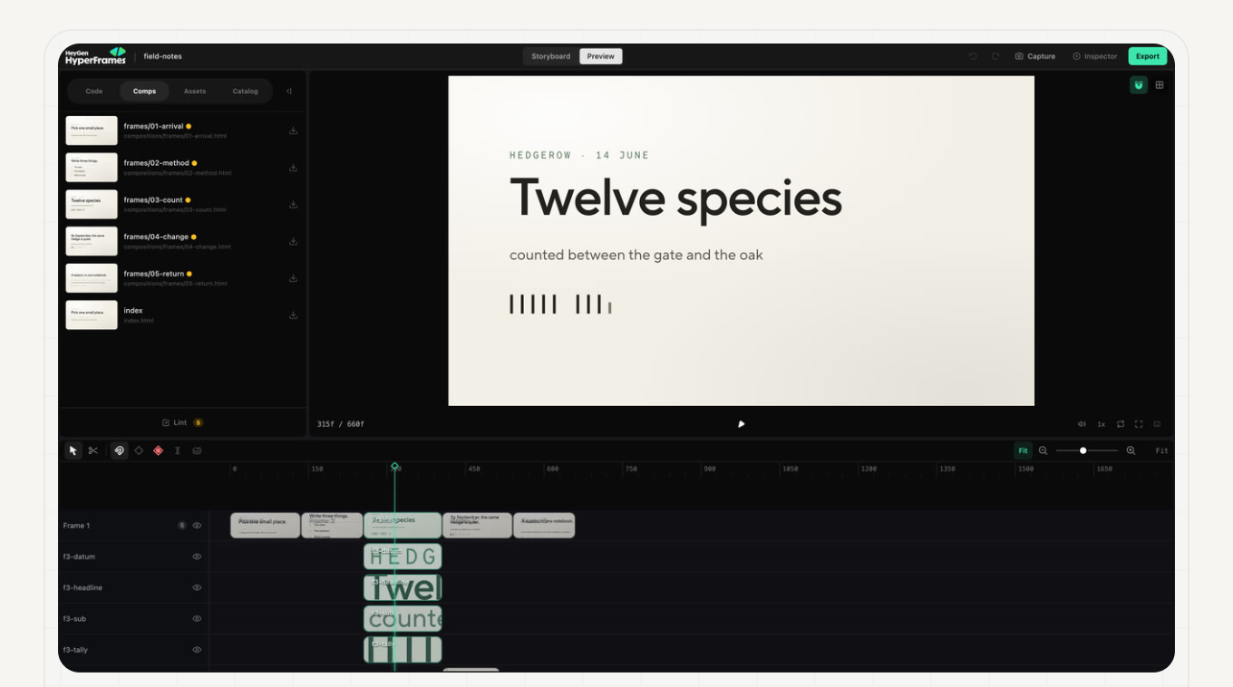 The HyperFrames Studio with a video preview at the top and a timeline of clips underneath