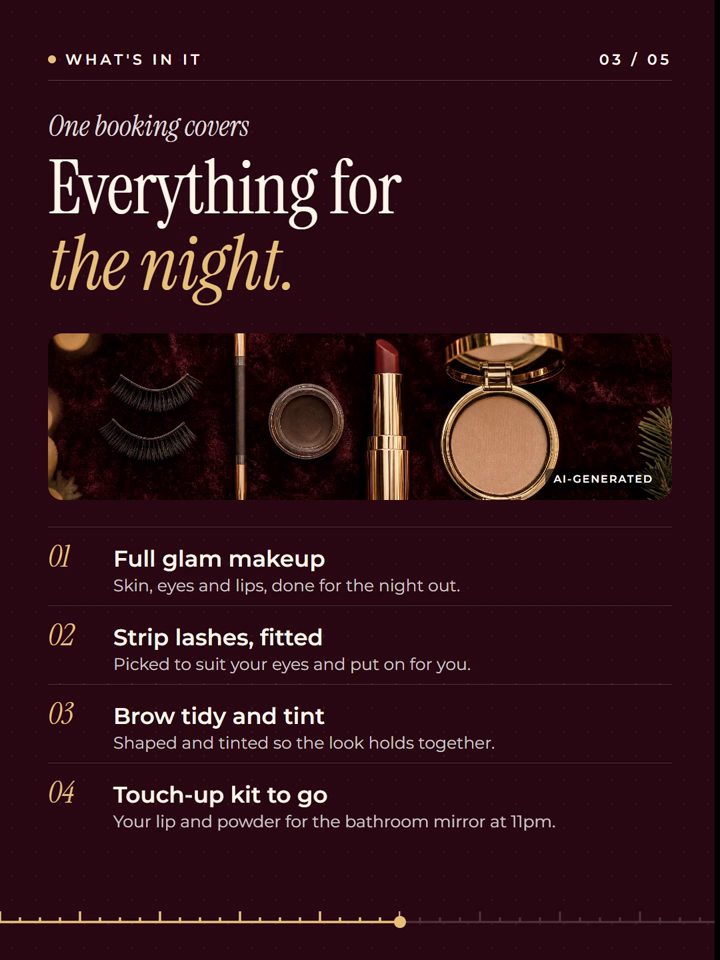 A video carousel slide from a made-up beautician's Christmas offer listing full glam makeup, strip lashes, brow tidy and a touch-up kit