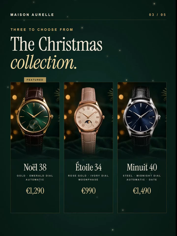 A video carousel slide from a made-up watch shop showing three watches with names and prices under the heading The Christmas collection