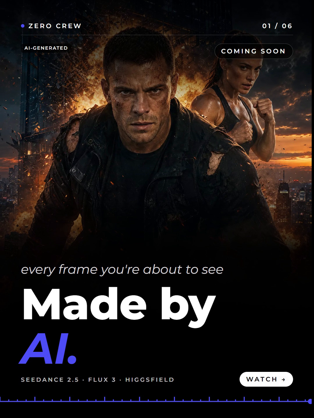 The Zero Crew cover slide: a generated action movie poster reading coming soon, no cast, no crew, no set