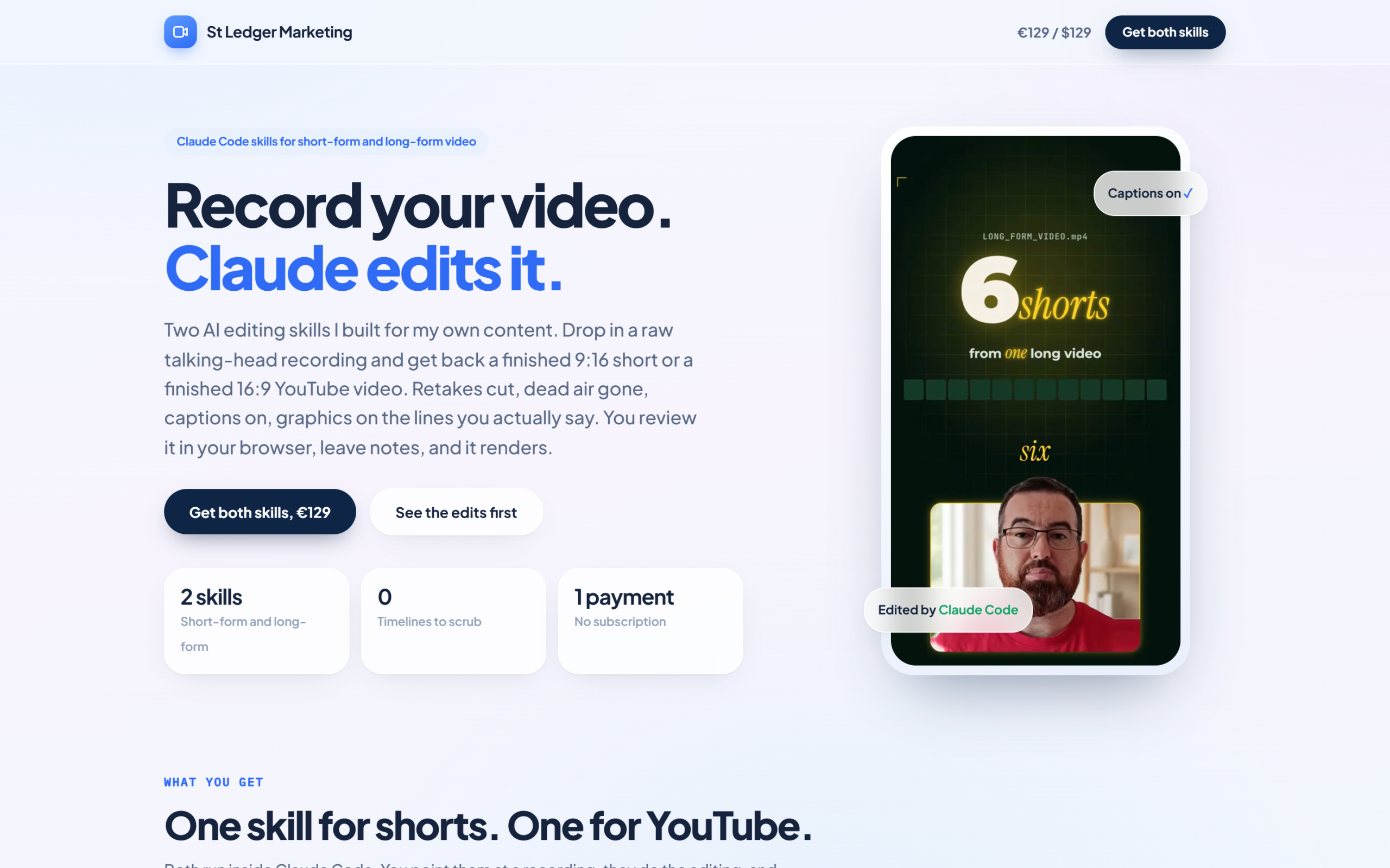The top of the landing page: a headline, a price button, three stat cards and a phone showing an edited short