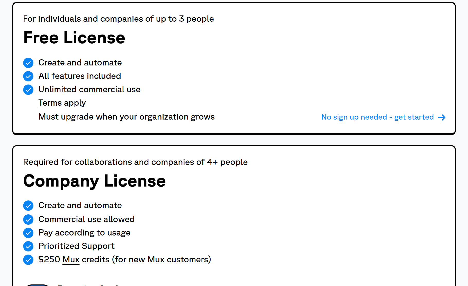 Remotion's licence page showing the free licence for up to 3 people and the company licence for 4 or more