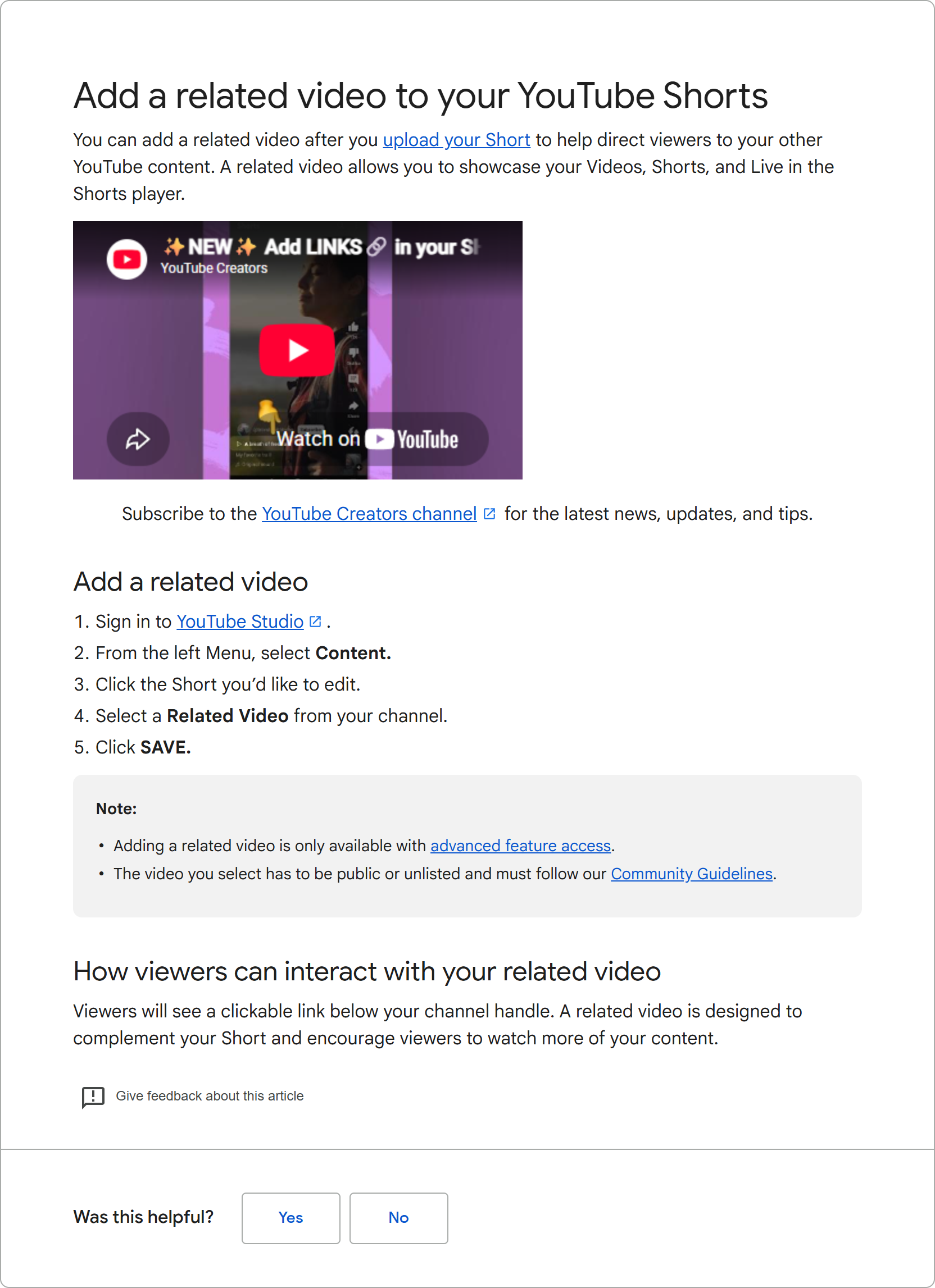 YouTube Help page showing the five steps to add a related video to a YouTube Short